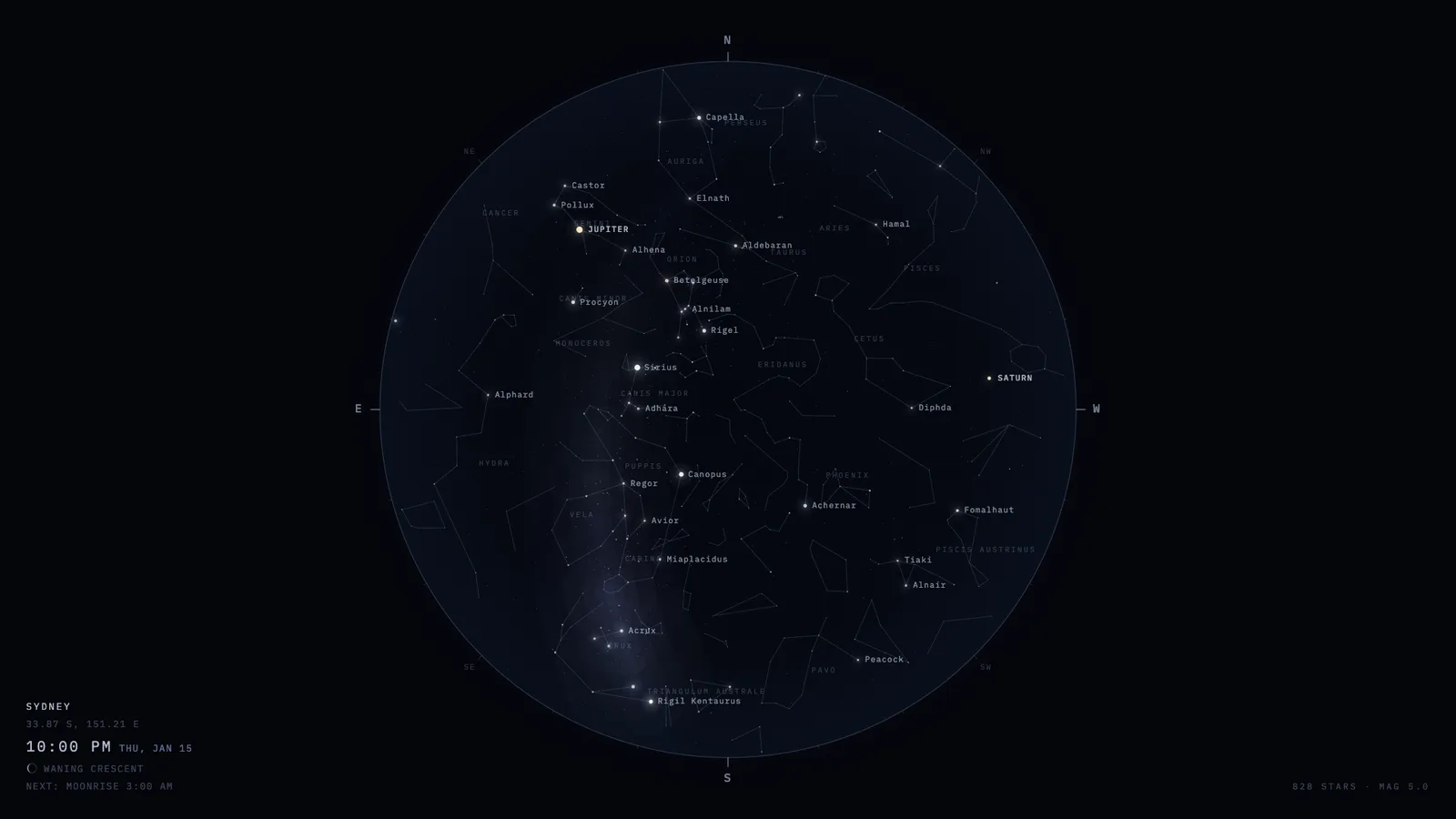 The southern hemisphere sky over Sydney, with Crux and Canopus visible.